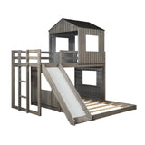 Harper & Bright Designs House Bunk Beds Twin Over Full Size, Wood Bunk Beds with Roof and Window (Distressed Grey, Twin Over Full (with Slide)) Harper & Bright Designs
