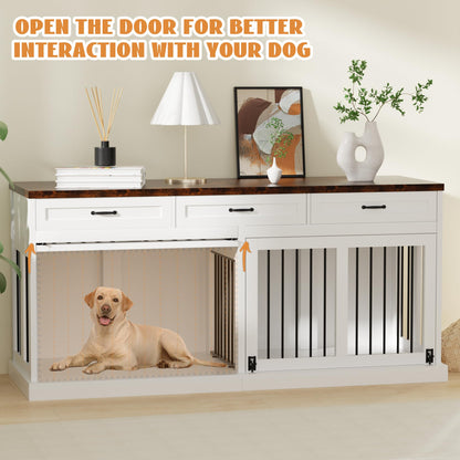 71 inches Extra Large Dog Crate Furniture for 2 Dogs Indoor Wooden Dog Kennel Furniture Large Breed Heavy Duty Dog Crates TV Stand with Removable Divider White