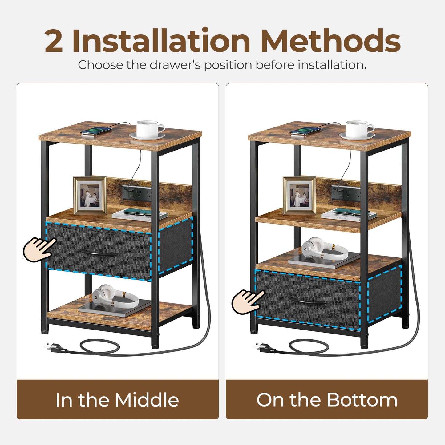 Seventable Nightstand with Charging Station, LED Bedside Table with Adjustable Fabric Drawer, Night Stand with Storage, 3-Tier Bed Side Table, End Table for Bedroom, Living Room, Rustic Brown - WoodArtSupply