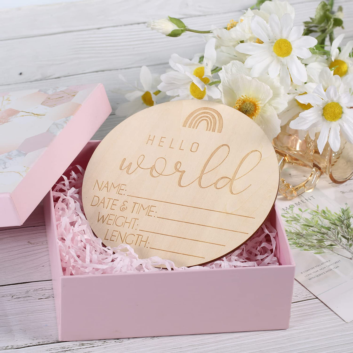 AIEX Wooden Baby Announcement Sign, Birth Announcement Sign Round Wooden Newborn Welcome Sign Hello World New Baby Name Announcement Sign for Girl AIEX