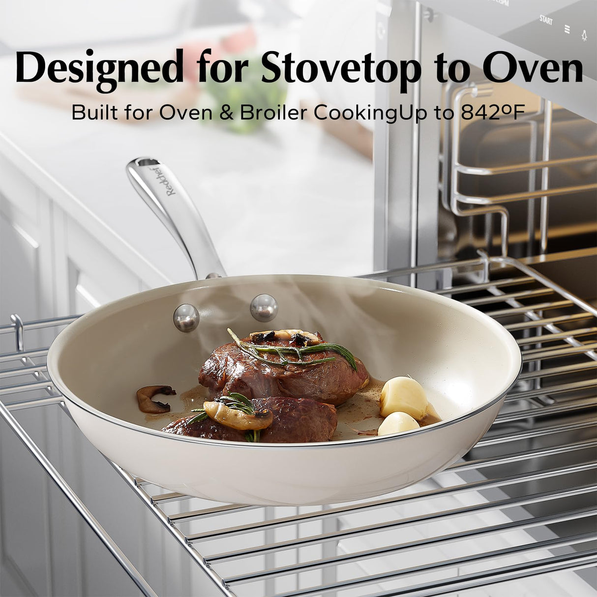 Redchef Nonstick Frying Pans Set, Ceramic Pan Skillet, Non Toxic Pans for Cooking, 8" 9.5" 11" Ceramic Frying Pan Set PFAS & PTFE & PFOA Free with Stay Cool Handle, Dishwasher & Oven Safe, Beige White Redchef