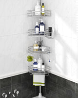 SEIRIONE Corner Shower Caddy Tension Pole, Quick Setup, Rust-Free Bathroom Shower Organizer Corner for Bathtub Shampoo Storage, 4-Tier Adjustable Shelf, Drill Free, Fits 34 to 116 Inch Height, Silver SEIRIONE