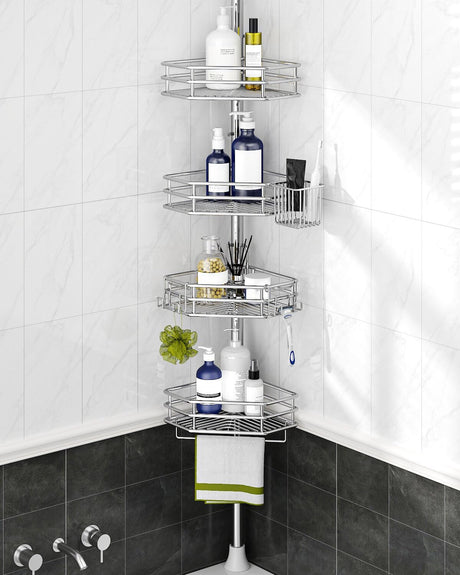 SEIRIONE Corner Shower Caddy Tension Pole, Quick Setup, Rust-Free Bathroom Shower Organizer Corner for Bathtub Shampoo Storage, 4-Tier Adjustable Shelf, Drill Free, Fits 34 to 116 Inch Height, Silver SEIRIONE