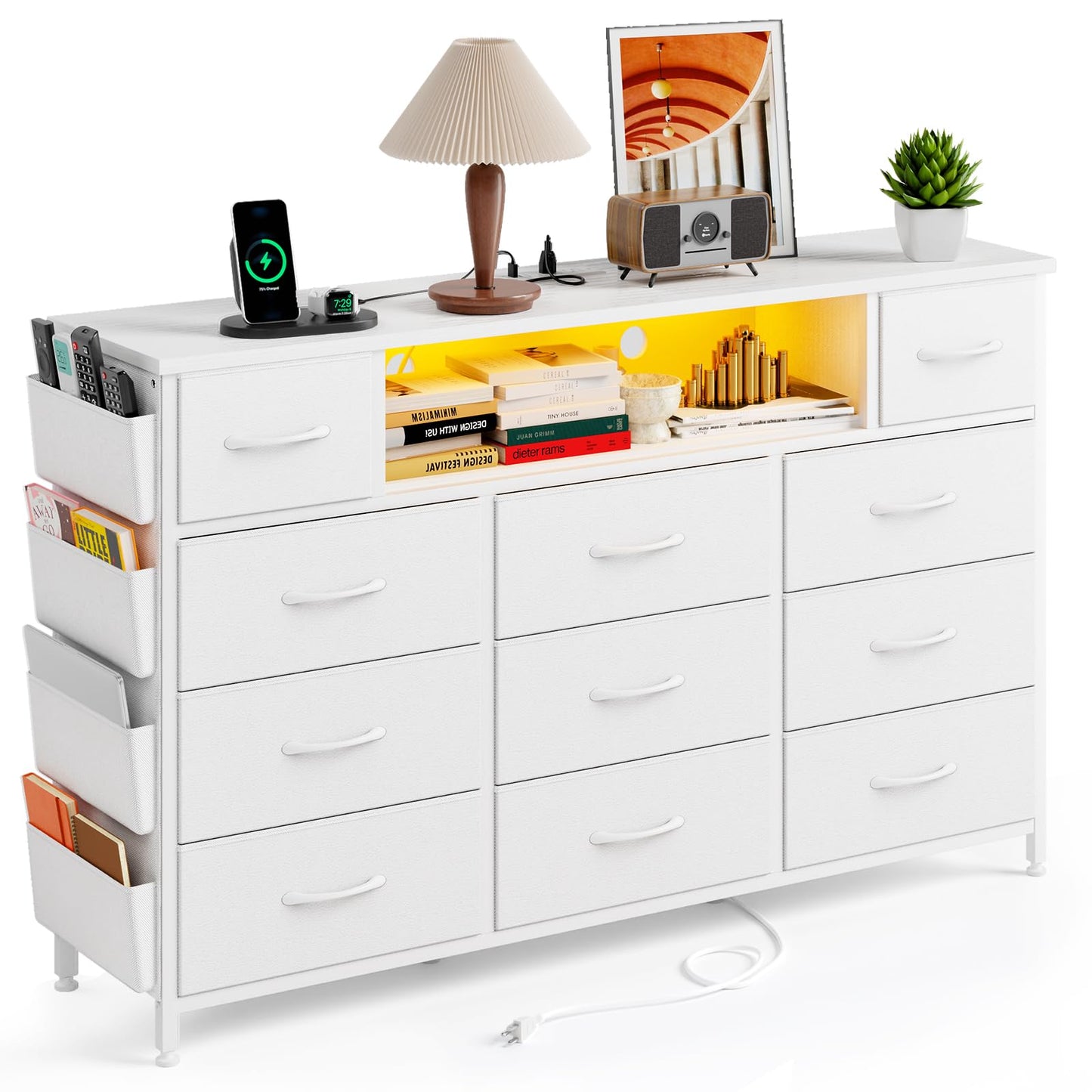 Fixwal White Dresser for Bedroom with Power Outlets and LED Lights 11 Drawers Dresser with Side Pocket for Kids Bedroom, Fabric Chest of Drawers, for 60inch TV Long Dresser Storage Organizer