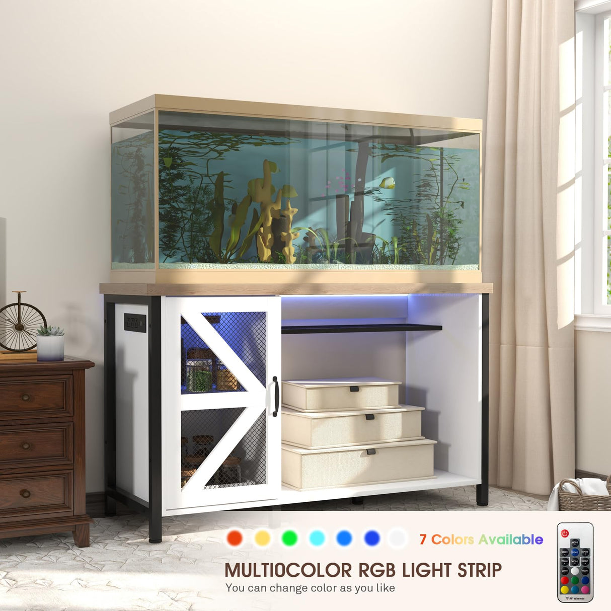 OC Orange-Casual 55-75 Gallon Aquarium Stand with Power Outlets & LED Light, Fish Tank Stand with Cabinet for Fish Tank Accessories Storage, Heavy Duty Metal Frame, 1100LBS Capacity (White) OC Orange-Casual