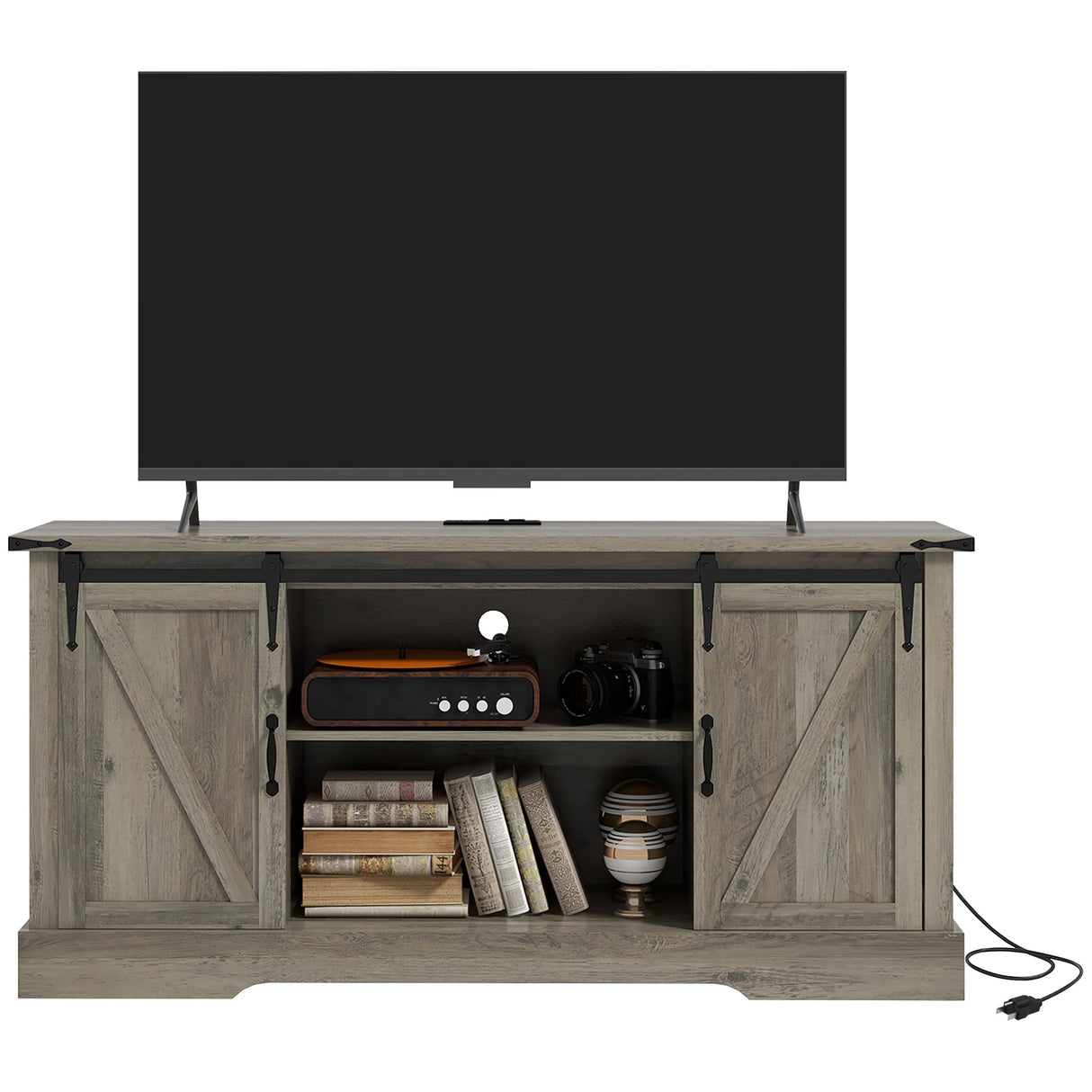 HOMCOM TV Stand Cabinet for TVs up to 65 Inch, Entertainment Center with Charging Station, 59" Farmhouse Media TV Console Table with Sliding Barn Doors, Adjustable Shelves, Gray HOMCOM