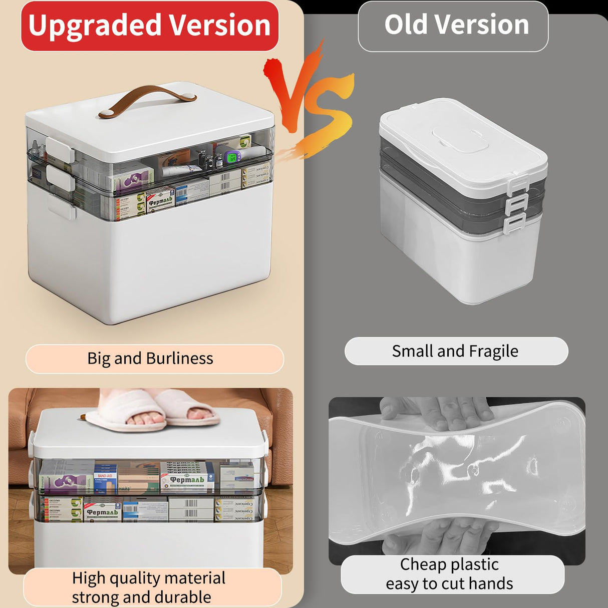 CTIME 3-Tier Medicine Organizer - Portable Medicine Cabinet with Leather Handle, Empty First Aid Kit for Home CTIME