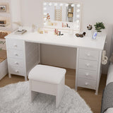 White Vanity Desk No Mirror - 47 Inch White Office Computer Desk with 8 Fabric Drawers on Both Sides for Girls, Makeup Work Writing Study Desks, Vanity Table No Mirror for Bedroom DLisiting