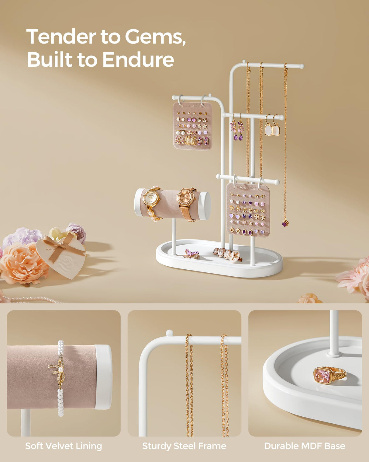 SONGMICS Jewelry Stand, Jewelry Organizer, Jewelry Display Holder with Metal Frame, 2 Earring Boards, 4 Hanging Rods, Necklace Earring Bracelet Holder, for Watches, Cloud White UJJS025W01 SONGMICS