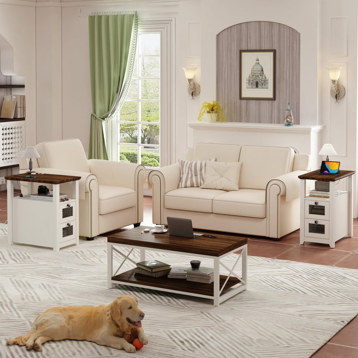 HDDDZSW Farmhouse XXL End Table with Charging Station, Narrow Side Table with USB Ports and Outlets, Nightstand with 2 Drawers Storage, Bedside Tables for Living Room, Bedroom, Rustic Walnut White HDDDZSW