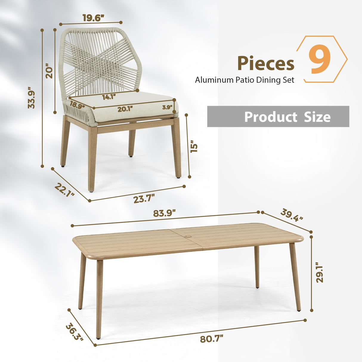 HAPPATIO Outdoor Dining Sets for 8, 9-Piece Patio Table and Chairs Set, Rope Woven Chairs with Cushions, Wood-Grain Aluminum Frame Patio Dining Set for Outside, Lawn, Garden, Backyard HAPPATIO