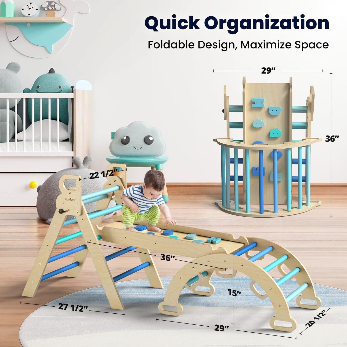 BlueWood Pikler Triangle Set, Foldable Wooden Climbing Toys Set, Indoor Playground Jungle Gym, Montessori Climbing Set for 2-6 Years Old, Toddlers, Baby, Kids (Sky Blue)