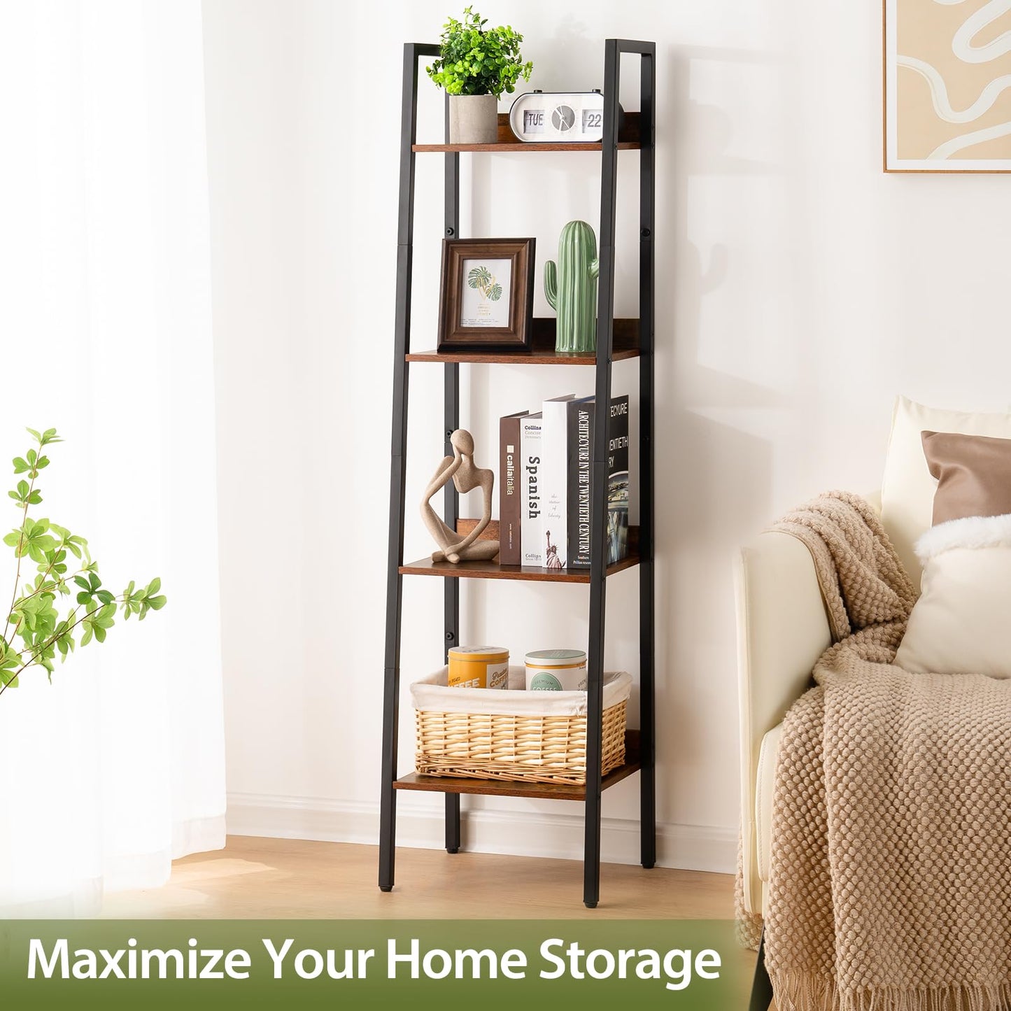 Yoobure Ladder Shelf, 4 Tier Tall Ladder Bookshelf Corner Shelf, Industrial Book Shelf Ladder Bookcase Narrow, Standing Storage Shelves Display Shelf for Bedroom Living Room Office Kitchen Bathroom