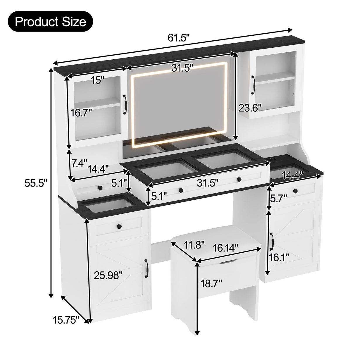 Merax Vanity Desk with Mirror, LED Lights and Power Outlet, Large Glass Top Makeup Vanity Table with 5 Drawers & 4 Cabinets, Farmhouse Dressing Table and Cushioned Storage Stool, for Bedroom, White Merax