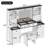 Merax Vanity Desk with Mirror, LED Lights and Power Outlet, Large Glass Top Makeup Vanity Table with 5 Drawers & 4 Cabinets, Farmhouse Dressing Table and Cushioned Storage Stool, for Bedroom, White Merax