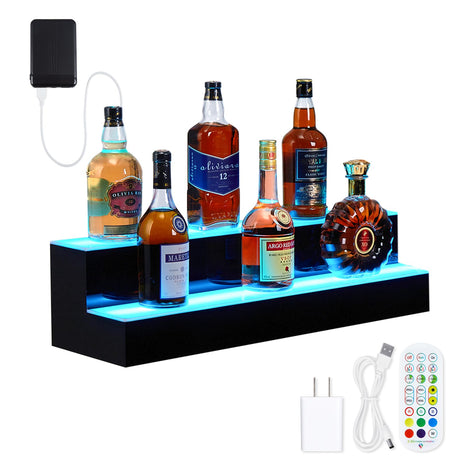 Takywep Acrylic LED Lighted Liquor Bottle Display Shelf, 2 Tiers 30 Inches Lighted Liquor Bottle Shelf, Bar Bottle Display, USB, with RF Remote & App Control 20 Static Colors for Home/Commercial Bar Takywep
