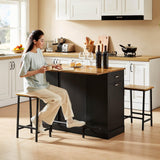 ONBRILL Stationary Kitchen Islands Include 2 Chairs, 47" Kitchen Island with Drop Leaf, Home Bar Table with Spice Rack & with Trash Cabinet, Island Table for Dining Room with Power Outlet, Black ONBRILL
