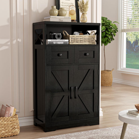 Black Storage Cabinet with Doors and Shelves, Farmhouse Kitchen Pantry Storage Cabinet, Small Coffee Bar Cabinet with Storage, Freestanding Floor Hutch Cupboard Cabinet for Kitchen/Laundry/Li - WoodArtSupply