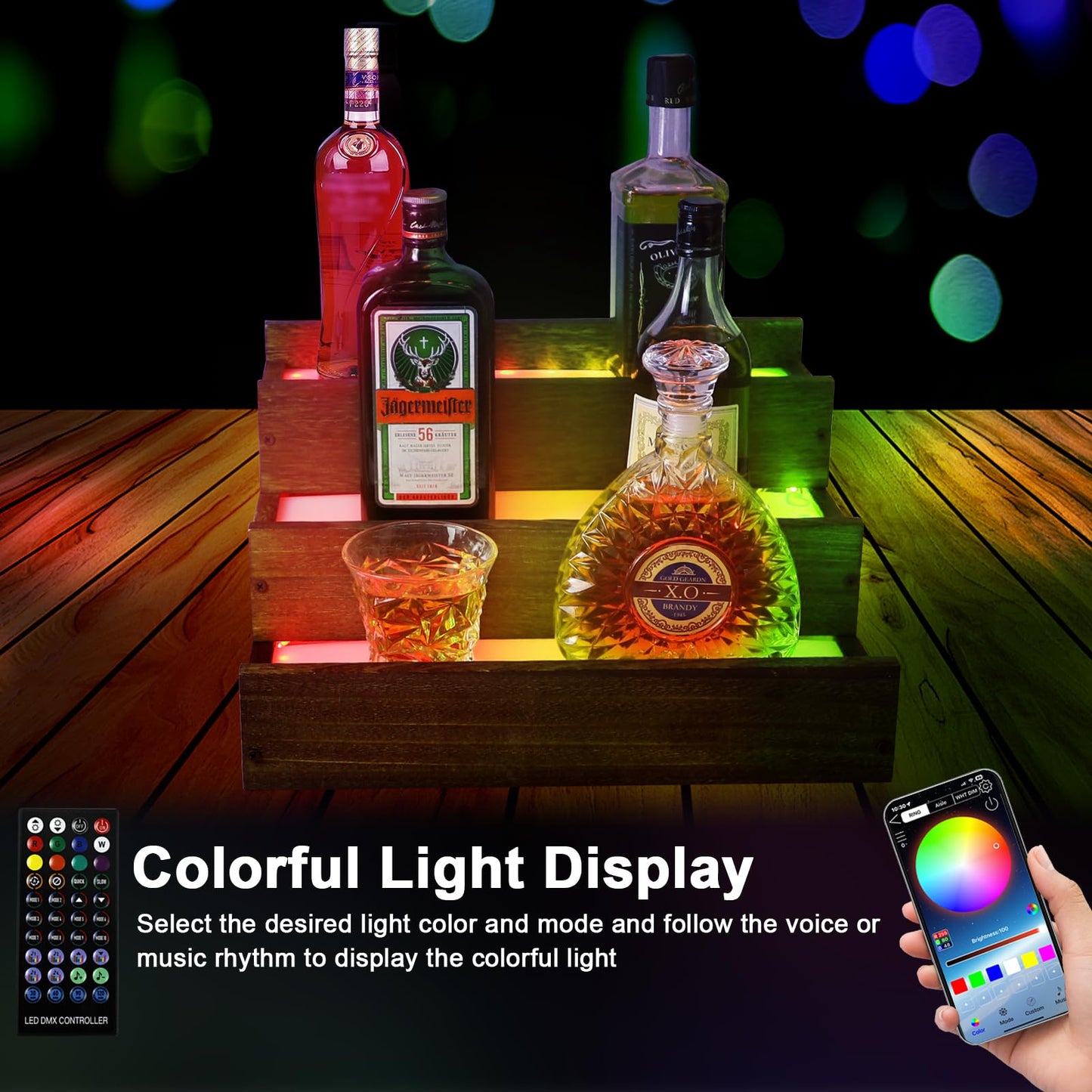 Lighted Liquor Bottle Display Shelf with Fences, 3 Step Wood Bar Shelves with Acrylic, Illuminated Whiskey Rack Liquor Stand with Remotes Control & App Control for Home Bar & Party (12 bottle - WoodArtSupply