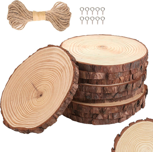 Set of 10 Wood Slices for Centerpieces 6-7 inch, Natural Unfinished Wood Craft Kits, Tree Slices with Bark for DIY Crafts Wedding Christmas Party Decoration, Wood Centerpieces for Tables