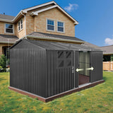 12x10 Ft Storage Shed Outdoor, XL Permanent Steel Building with Window, Sliding Doors and 4 Air Vents for Backyard Garden Patio Lawn - Black LINKHOO