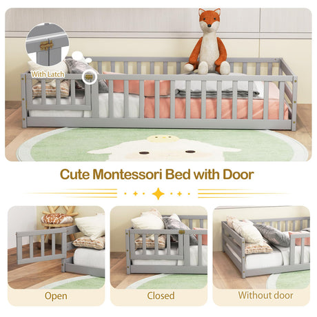 KOMFOTT Twin Size Wood Floor Bed with Door & Fence, Montessori Bed Frame with Full Length Safety Guardrails, Door & Latch, Wooden Montessori Floor Bed for Kids, Girls, Boys (Grey, Twin) KOMFOTT