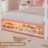 ADORNEVE Twin Canopy Bed Frame with LED Lights and Charging Station, Velvet Upholstered Platform Bed for Girls,Headboard with Charging Station & Guardrail & Crystal Button,Pink ADORNEVE
