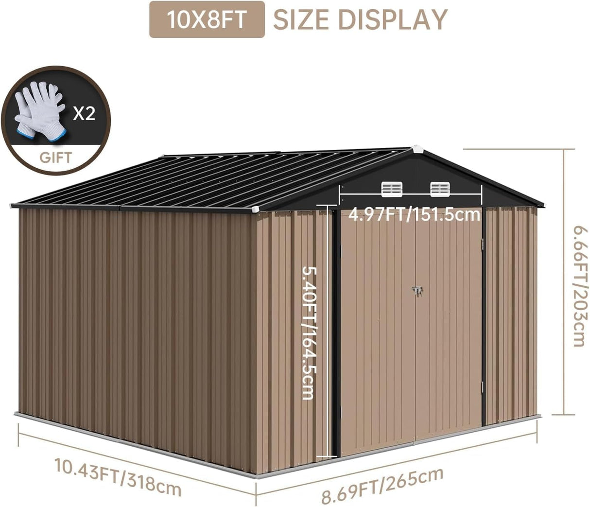Zstar 10 x 8 FT Outdoor Storage Shed, Metal Steel Shed Storage House with Updated Frame Structure & Lockable Door, Waterproof Garden Steel for Backyard, Garden, Lawn, Patio, Brown Zstar