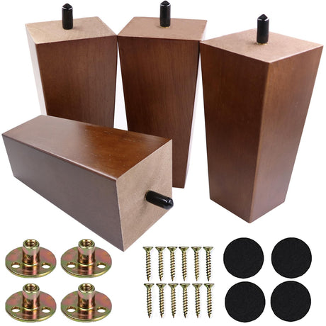 Santoy 6 Inch Solid Wood Furniture Legs (Set of 4) – Brown Square Sofa Leg Mid-Century Modern Replacement Feet for Armchair, Recliner, Couch, Coffee Table, Cabinet, Chair and Dresser Santoy