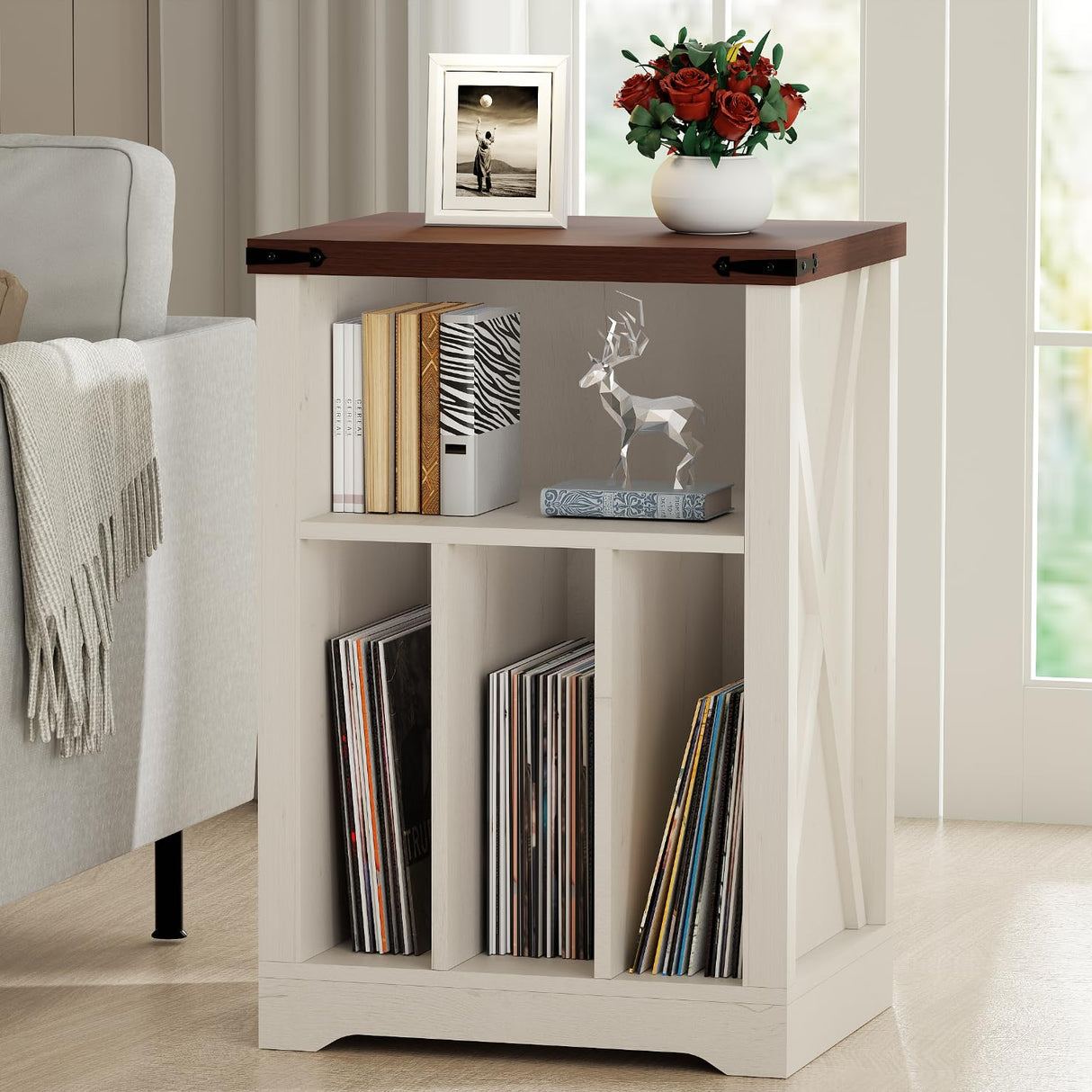 BEWISHOME Record Player Stand, Wood Turntable Stand with Vinyl Record Storage Up to 160 Albums, Farmhouse Record Player Table for Living Room Bedroom, White KCZ01W BEWISHOME