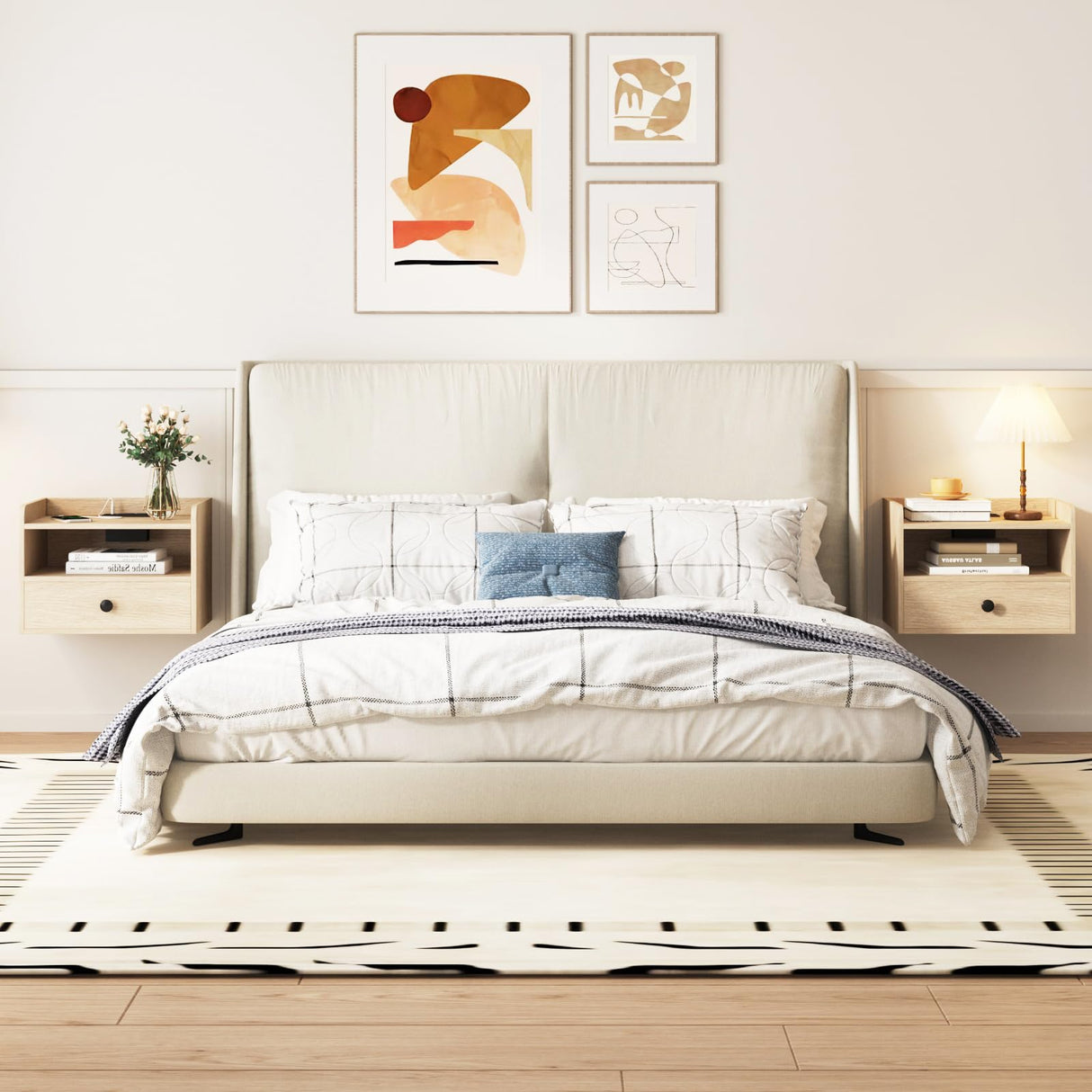 Natural Floating Nightstand Set of 2 with Charging Station and Storage Drawer Wall Mounted Bedside End Table Wood Modern Night Stand for Bedroom Nightstands Set 2 Natural HOSEOKA