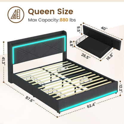 Queen Bed Frame with RGB LED Lights Headboard & USB-C/A Charging Station, Modern Upholstered Platform Bed with Storage Drawers, Heavy Duty Steel Slats, No Box Spring Needed, Dark Gray