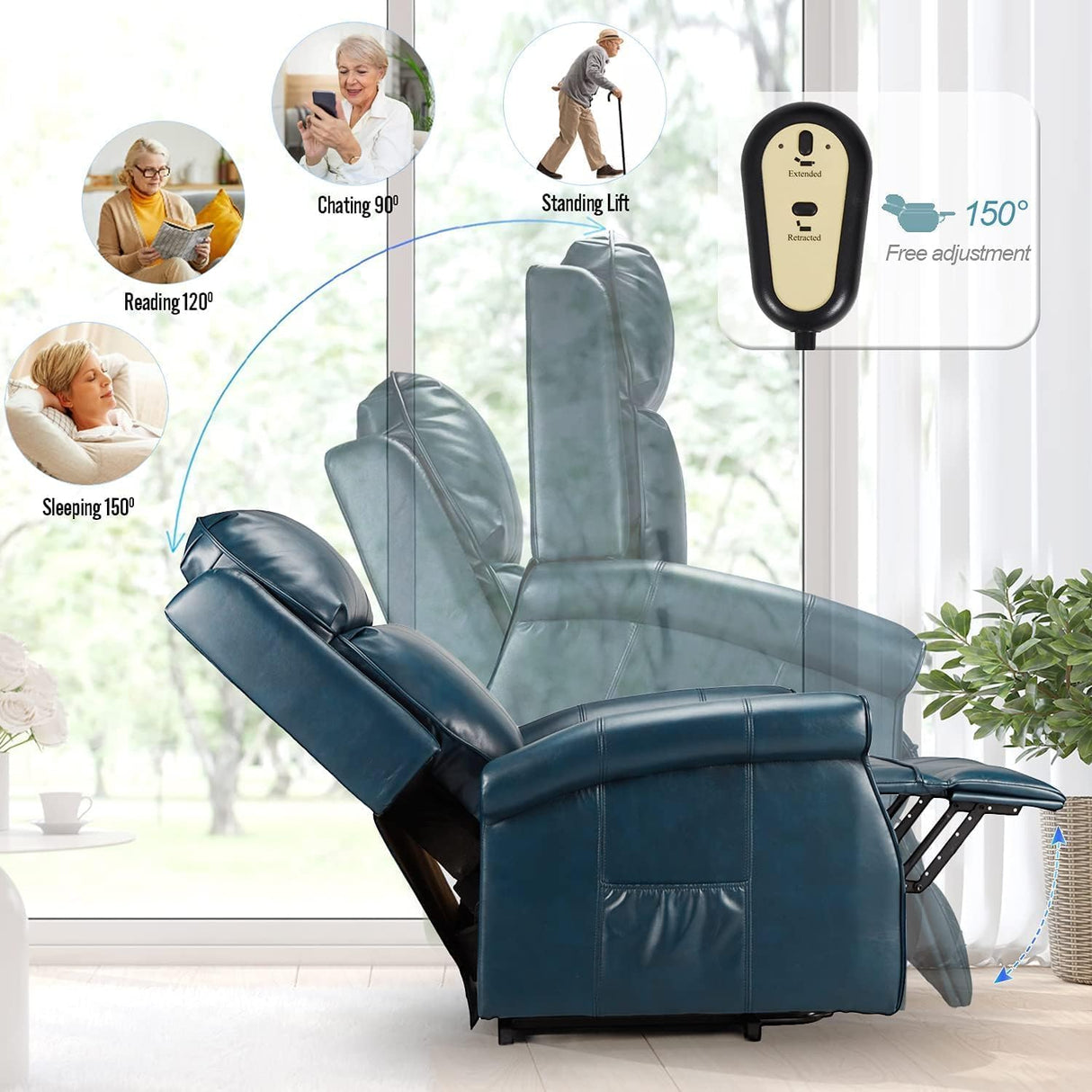 Esright Electric Power Lift Recliner Chair, with Side Pocket & Remote Control, Faux Leather Electric Recliner Chairs for Elderly, Blue Esright