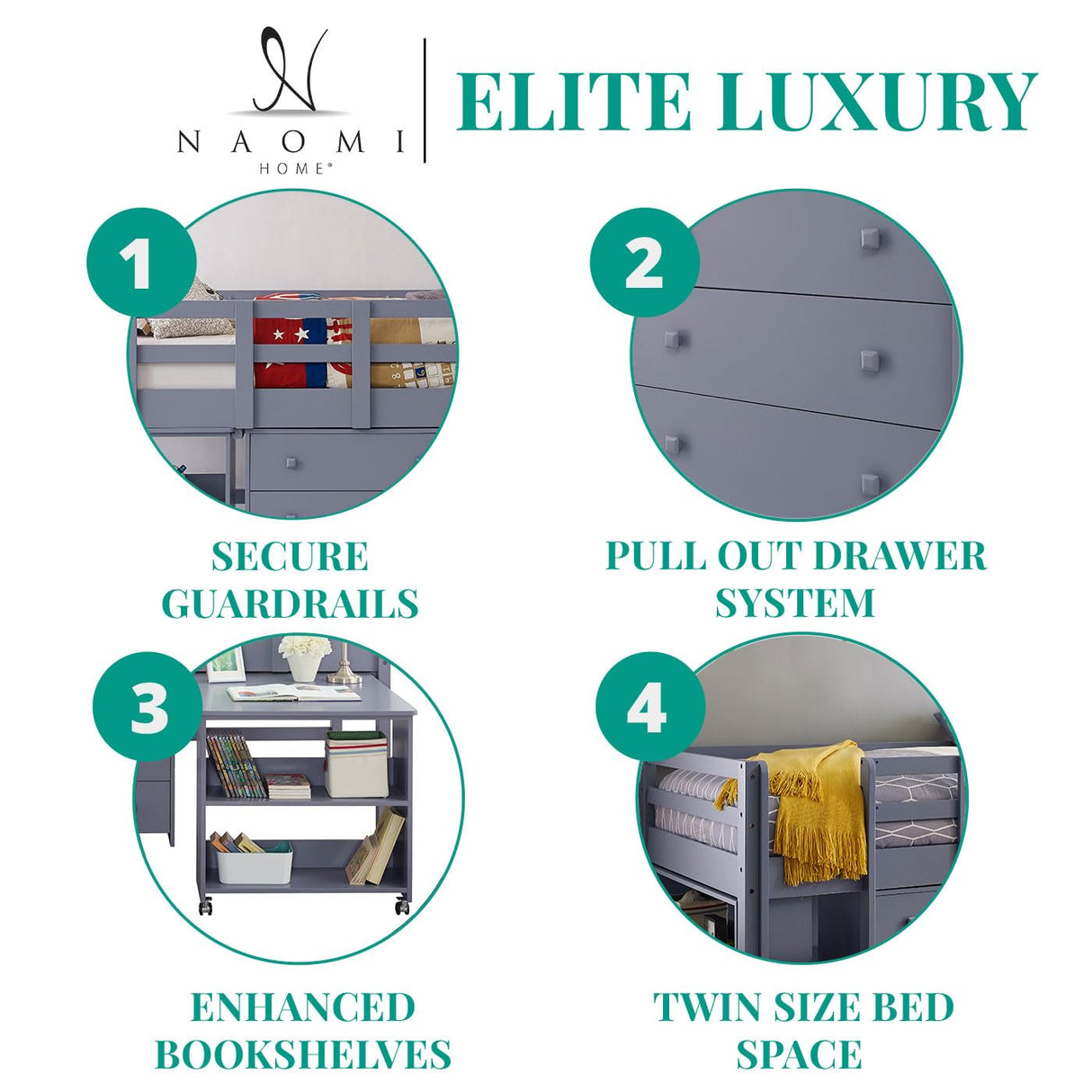 Naomi Home Low Loft Bed Twin Loft Bed with Desk and Storage Kids Beds for Boy Solid Pine Wood Toddler Loft Bed with Storage, Ladder Storage Guard Rails, No Box Spring Needed, Loft Bed Gray Naomi Home