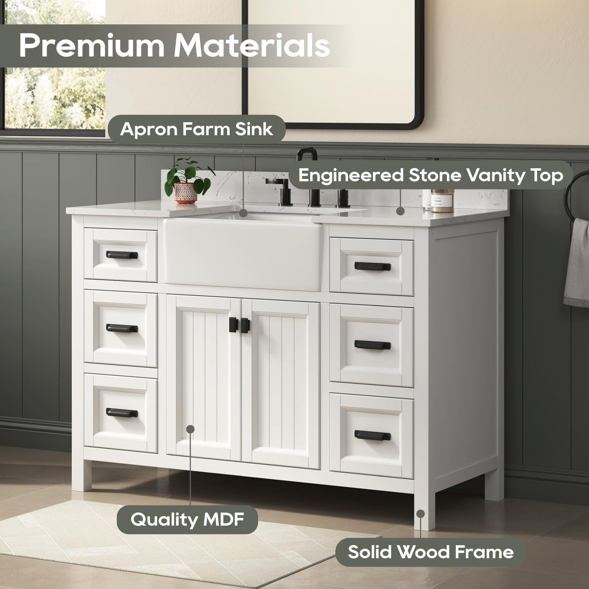 DELUXE LIVING 48 Inch Bathroom Vanity with Sink, Single Sink Bathroom Vanity, Solid Wooden Frame Bathroom Sink Cabinet with Soft Closing Doors & Drawers, Adjustable Feet, Apron Farm Sink, White DELUXE LIVING