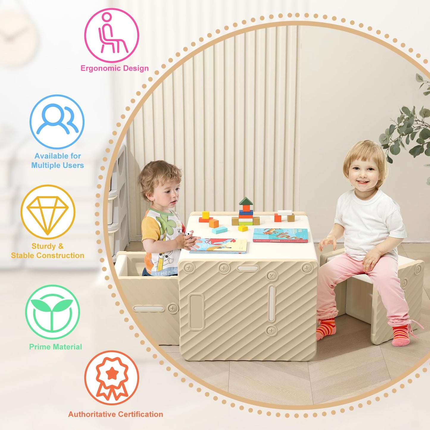 KORIMEFA Montessori Weaning Table and Chairs for Toddlers Age 1-6, Kids Table and 2 Chairs Set, Plastic Activity Table for Reading/Eating/Playing, Gift for Boys & Girls, Beige