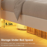 Halitaa White PU Leather Floating Bed Frame with Adjustable RGB LED Lights & Charging Station Halitaa