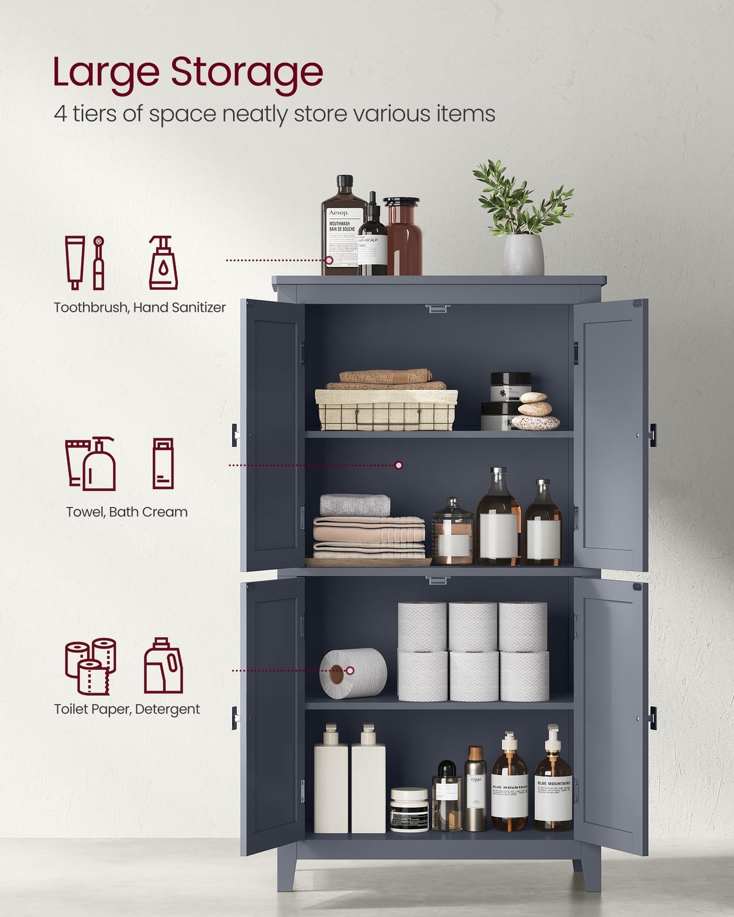 VASAGLE Bathroom Floor Storage Cabinet, Bathroom Storage Unit, Freestanding Cabinet with 4 Doors, Adjustable Shelves, 11.8 x 23.6 x 43.3 Inches, Slate Gray UBBC552G01 - WoodArtSupply