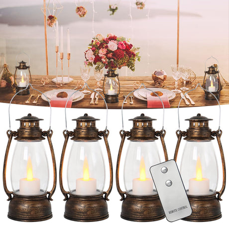 Reperla Vintage Lantern Decor, 4-Pack Flickering LED Candle Lantern with Remote Small Sized Lantern Indoor Outdoor Hanging Lanterns for Wedding Centerpiece,Halloween,Christmas,Farmhouse Decorations Reperla