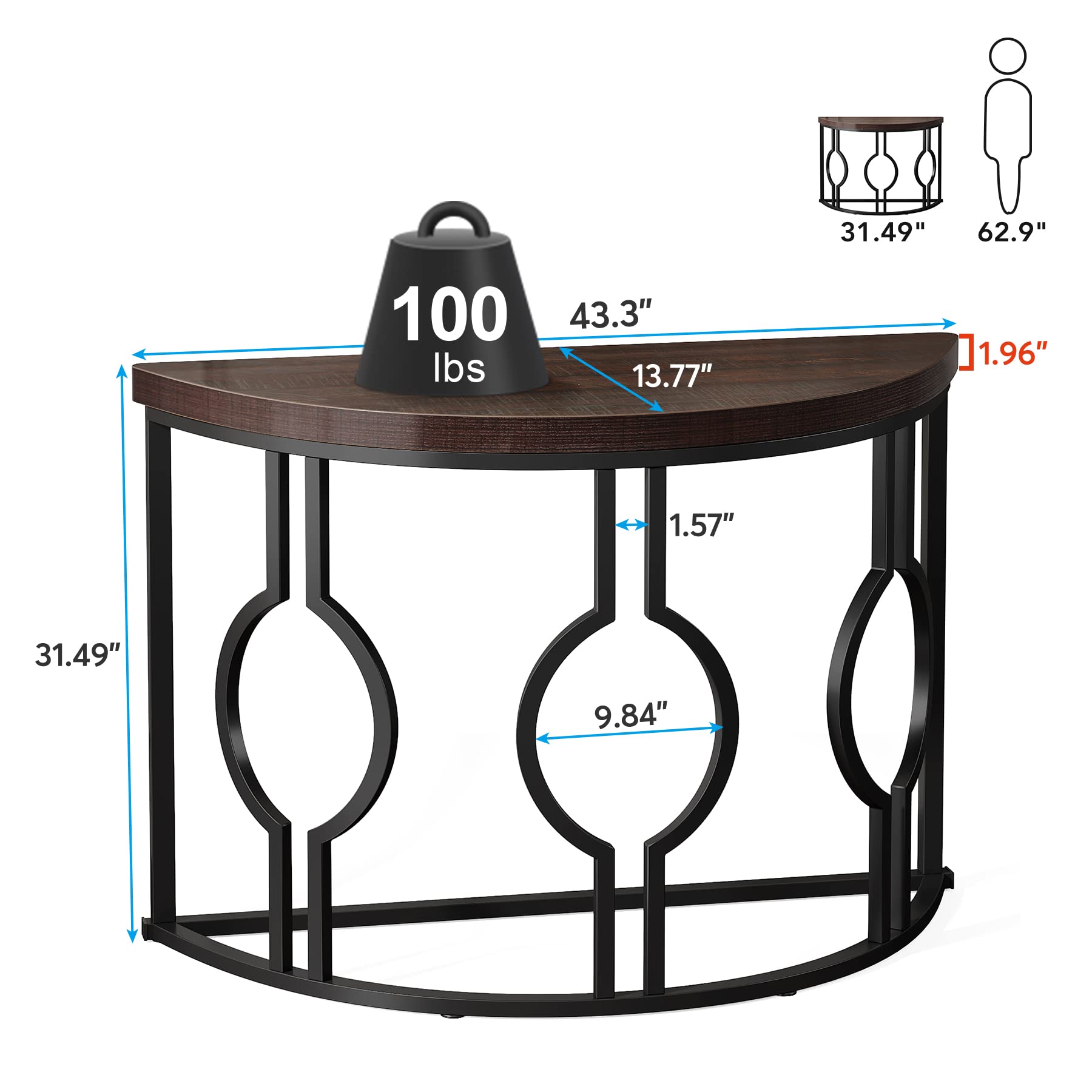 Tribesigns Half Moon Console Table for Entryway, 43 Inch Industrial Semi Circle Sofa Table with Geometric Base, Wood Accent Table for Living Room, Hallway, Foyer, Entrance, Rustic Brown - WoodArtSupply