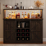 4ever2buy Farmhouse Wine Bar Cabinet with LED Light & Mirror, 47” Buffet Sideboard with 4 Glass Hooks & 9 Wine Racks, Coffee Bar Cabinet with Sliding Barn Door for Kitchen Dining Living Room, Brown 4ever2buy