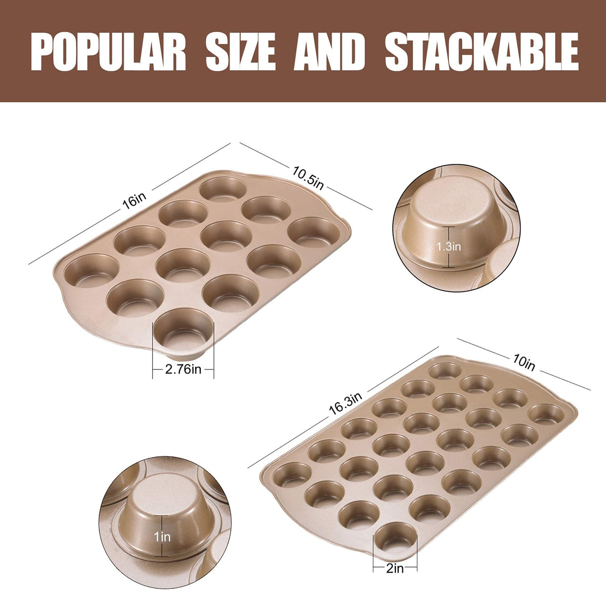 JOHO BAKING Nonstick Muffin Pan, Mini Cupcake Pan Set, Muffin Tins for Baking, 2 Pack, 12-Cup and 24-Cup, Gold JOHO BAKING