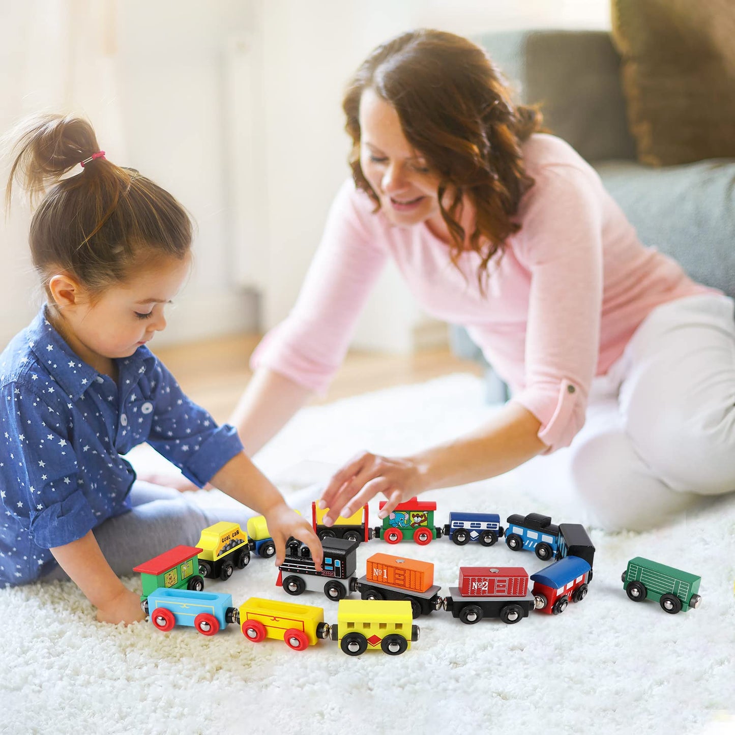 Wondertoys 16 Piece Magnetic Wooden Train Set for Toddlers - Includes Storage Bag and Track Accessories - WoodArtSupply