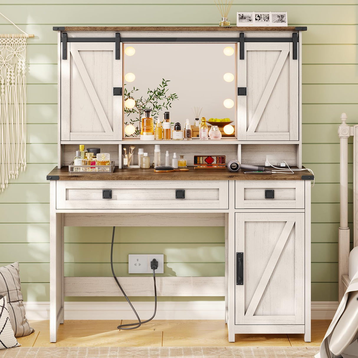 VIAGDO Farmhouse Makeup Vanity Desk with Sliding Door and Lights, Vanity Table with Charging Station & 2 Drawers, Rustic Big Vanity Table with Hooks/Shelves/Hidden Space for Bedroom VIAGDO