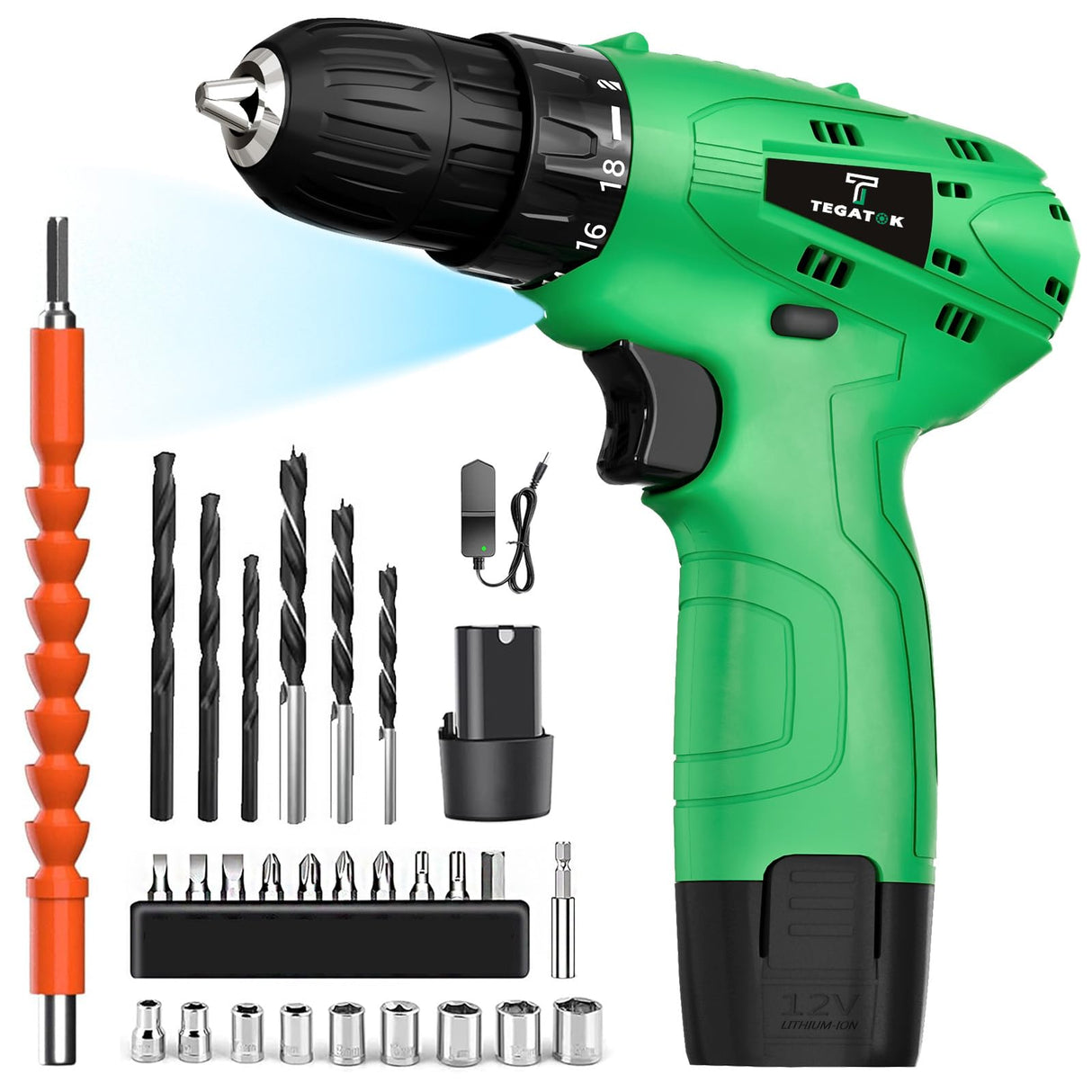 Tegatok Cordless Drill Set,12V Power Drill Set with Battery and Charger, Electric Driver Drills Bits, 3/8'' Keyless Chuck,18+1 Torque Setting with LED Electric Drills Set Tegatok