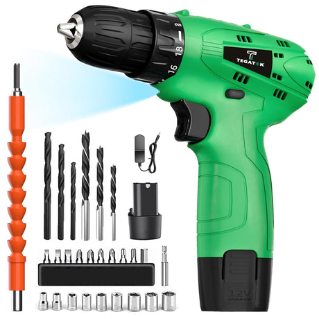Tegatok Cordless Drill Set,12V Power Drill Set with Battery and Charger, Electric Driver Drills Bits, 3/8'' Keyless Chuck,18+1 Torque Setting with LED Electric Drills Set Tegatok