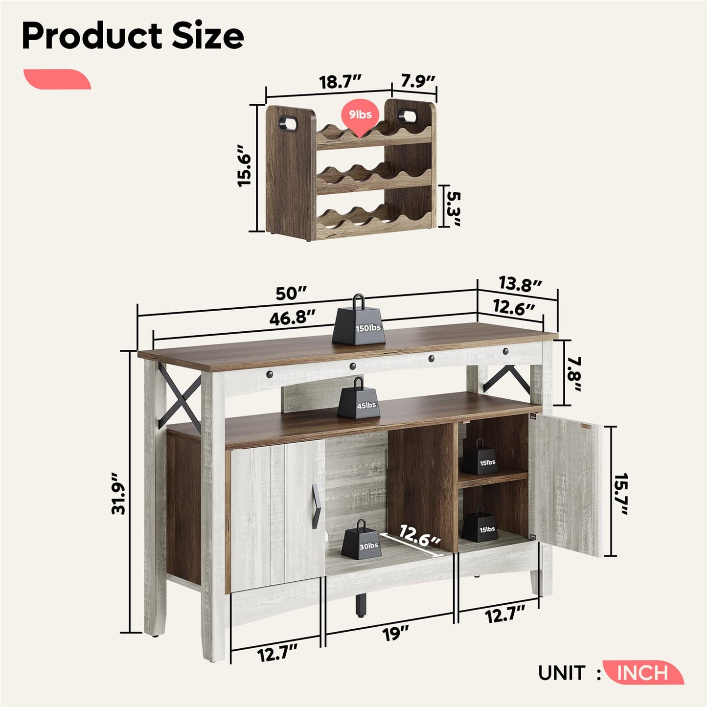 Bestier Wine Bar Cabinet with Wine Rack, Farmhouse Coffee Bar Sideboard with LED Lights, Industrial Sideboard Buffet Cabinet with Storage, White - WoodArtSupply