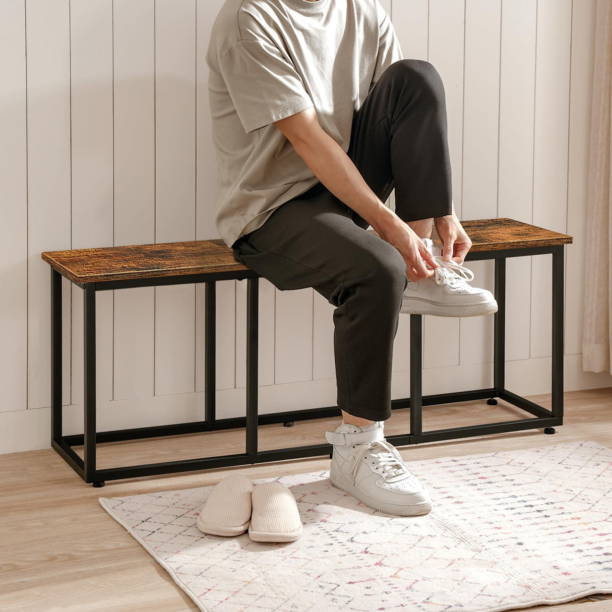 HOOBRO Dining Bench, 47.2 Inch Dining Table Bench, Industrial Style Kitchen Bench, Steel Frame, Easy to Assemble, for Kitchen, Dining Room, Rustic Brown and Black BF45CD01 HOOBRO