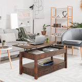 Lift Top Coffee Table with Hidden Compartment & 2 Storage Shelves - Living Room Dining Table with Rising Tabletop Lifttop Desk for Apartment, Home, Condo - Rustic Brown Lifetime Home