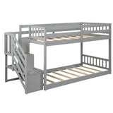 P PURLOVE Twin Over Twin Low Bunk Bed with Storage Stairs in Grey P PURLOVE